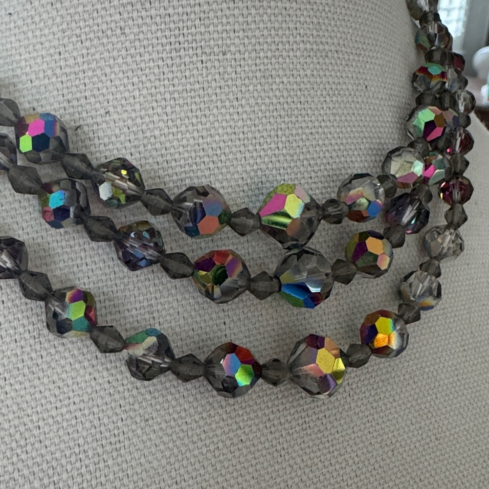 🔥 Carnival Peacock Aurora Borealis Black Crystal 3 Strand Necklace